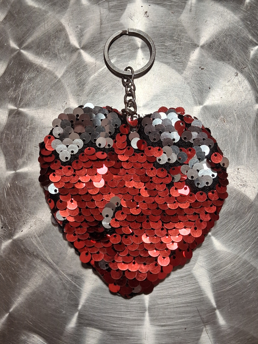 Sequin Heart Keychain - Red and Silver